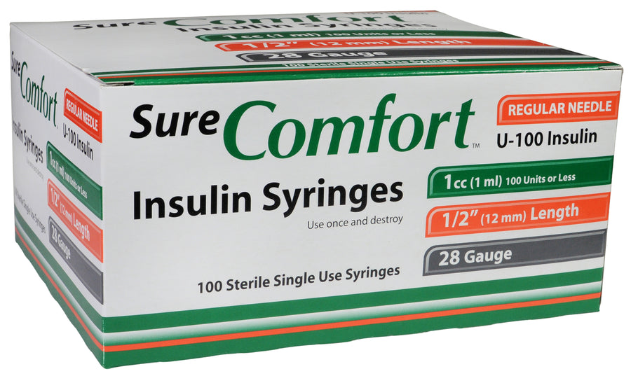 BX/100 SURE COMFORT INSULIN SYRINGE, 28G, 1/2IN (12MM), 1CC