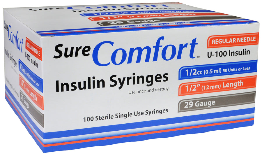BX/100 SURE COMFORT INSULIN SYRINGE, 29G, 1/2IN (12MM), 1/2CC