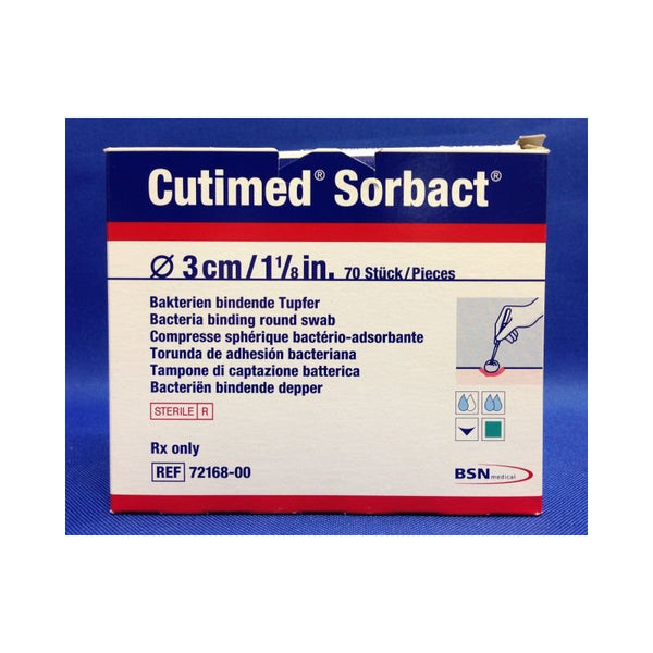 BX/14 CUTIMED SORBACT ANTIMICROBIAL ROUND SWAB W/BACTERIA BINDING ACTION 3.5CM