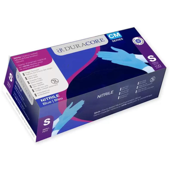 BX100 DURACORE BLUE NITRILE EXAM GLOVE CHEMO-TESTED TIP-TEXTURE NON STERILE POWDER FREE 3.2MIL SMALL