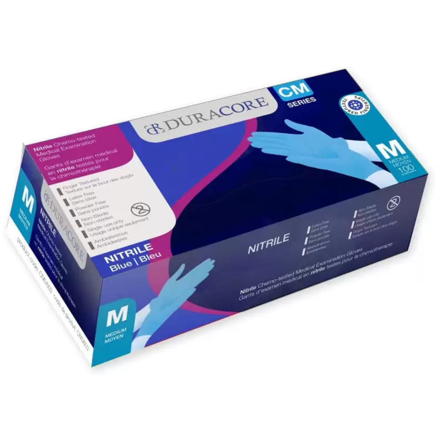 BX100 DURACORE BLUE NITRILE EXAM GLOVE MD CHEMO-TESTED FINGER-TEXTURE NON STERILE POWDER FREE 3.2MIL
