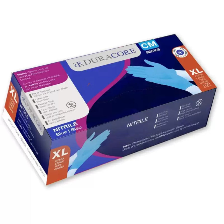 BX/100 DURACORE BLUE NITRILE EXAM GLOVE CHEMO-TESTED FINGER-TEXTURE NS POWDER FREE 3.2MIL XLRG
