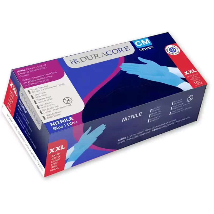 BX/100 DURACORE BLUE NITRILE EXAM GLOVE CHEMO-TESTED FINGER-TEXTURE POWDER FREE 3.2MIL XXLARGE