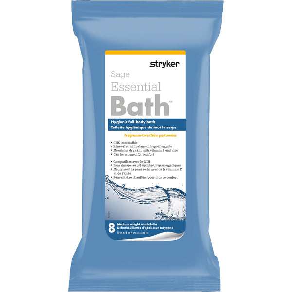 PK/8 ESSENTIAL BATH BODY WASHCLOTH W/ VITAMIN E & ALOE 8" X 8" FRAGRANCE-FREE RINSE-FREE HYPO