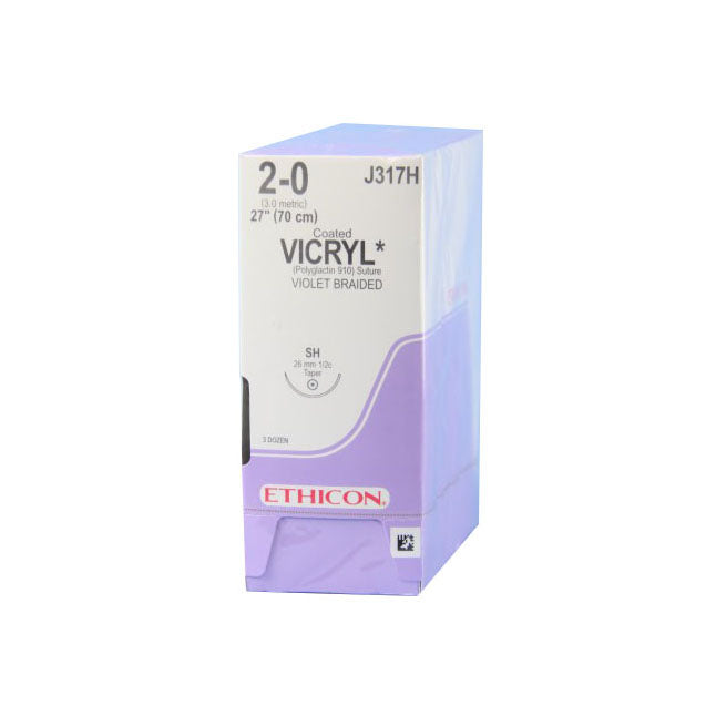 BX/36 ETHICON VICRYL SUTURE SIZE 2-0 VIOLET-COATED TAPER POINT CT-1 NEEDLE 1/2 CIRCLE 36MM (1 X 27")