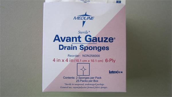 BX/25PK (PK/2) GAUZE DRAIN SPONGE 4" x 4" RAYON/POLYESTER 6-PLY NON-WOVEN STERILE