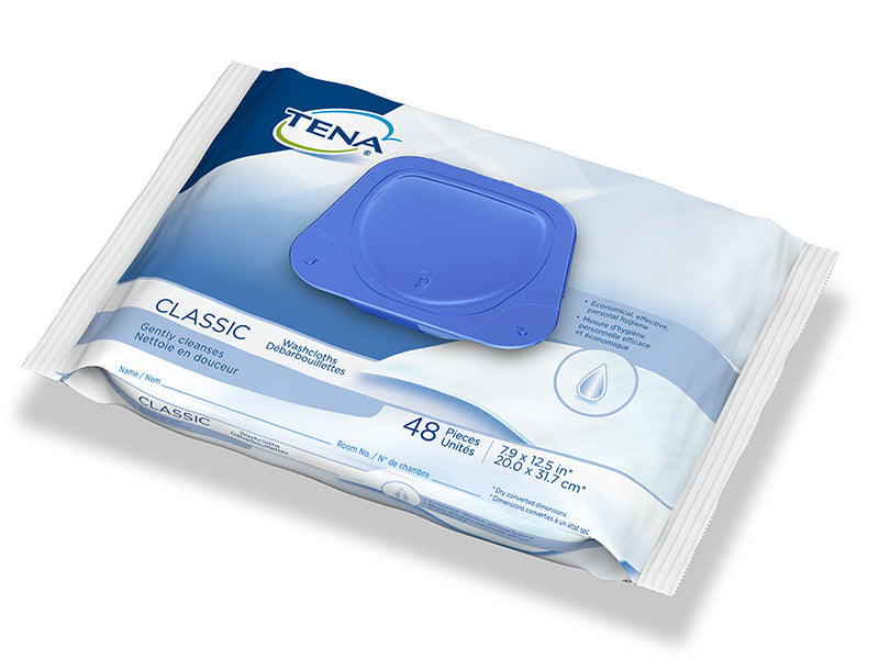 PKG/48 TENA CLASSIC WASHCLOTHS, MILD SCENT, ALCOHOL-FREE More info...