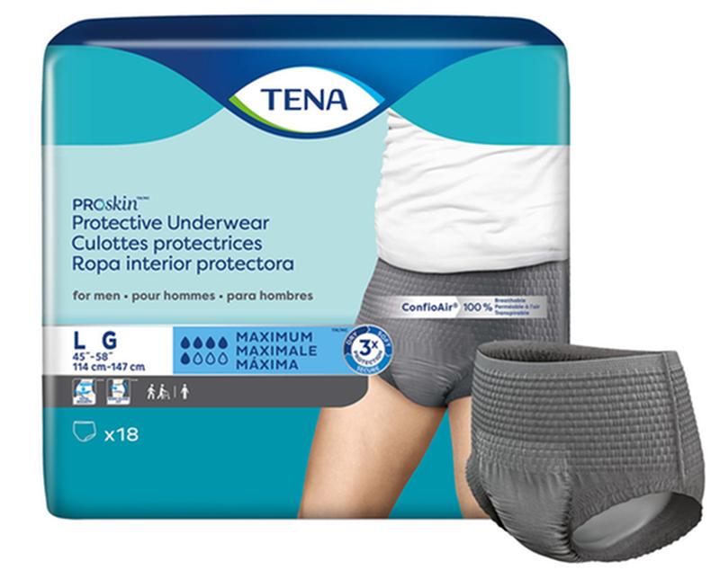 CS/4PKG (18/PKG) TENA PROSKIN UNDERWEAR FOR MEN, MAXIMUM ABSORBENCY,GREY, SIZE LARGE 114-147CM Heavy Item More info...