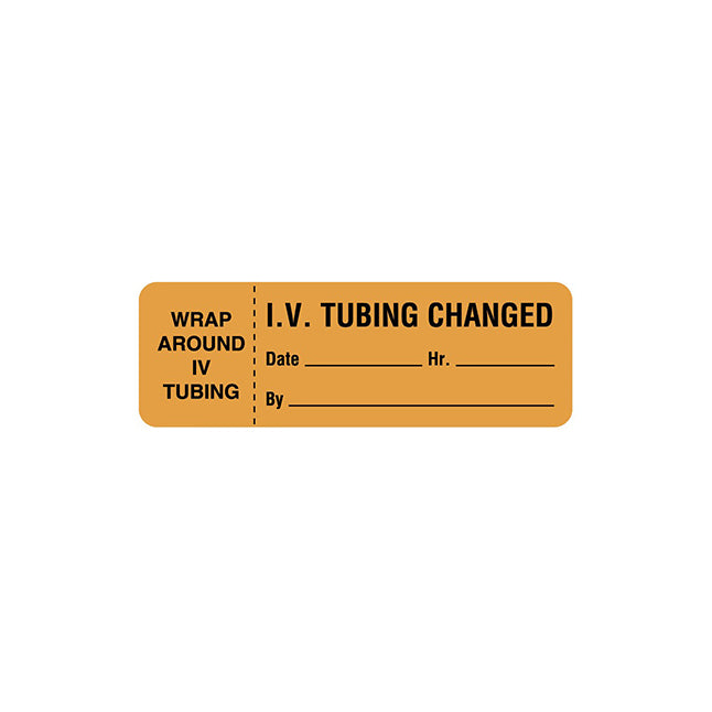 RL/1 I.V. TUBING CHANGE LABEL 3" X 1" PERMANENT FLUORESCENT ORANGE (889/RL)